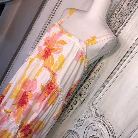 Free People Linen Blend Sherbet Color Florals on White Multi Tiered Dress S/XS - Picture 3 of 11